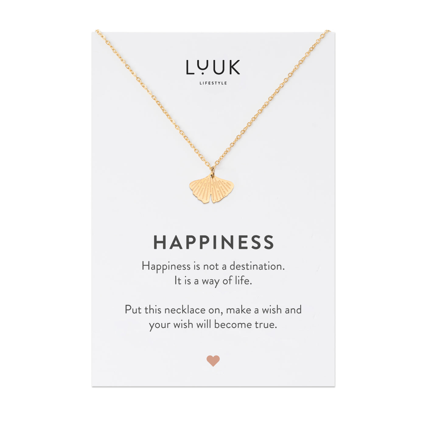 Goldene Halskette mit Ginkgo Blatt Anhänger auf Happiness Spruchkarte von der Brand Luuk Lifestyle 