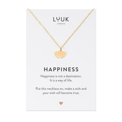 Necklace with ginkgo leaf pendant and Happiness greeting card