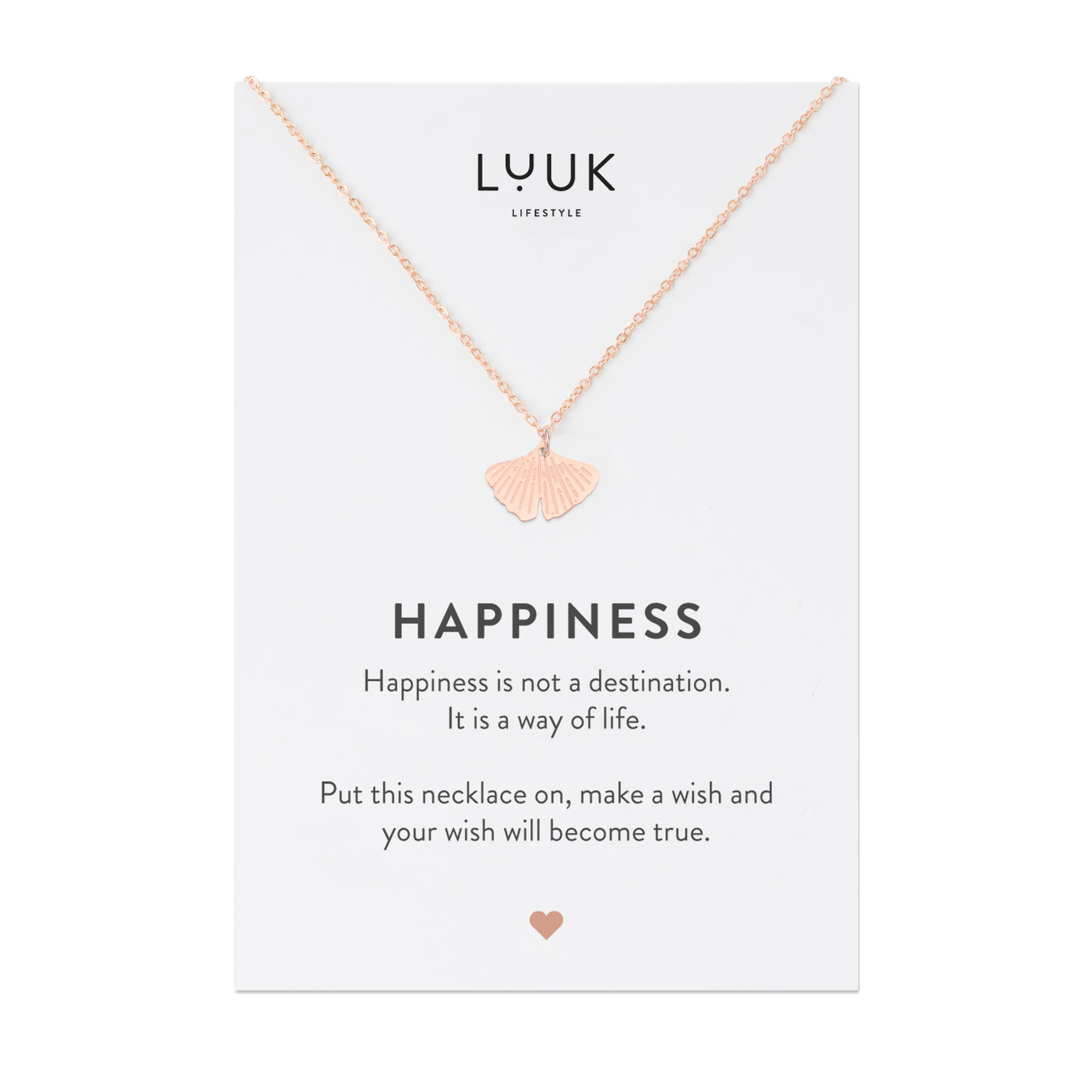 Rosegoldene Halskette mit Gingko Blatt Anhänger auf Happiness Karte von Luuk Lifestyle 
