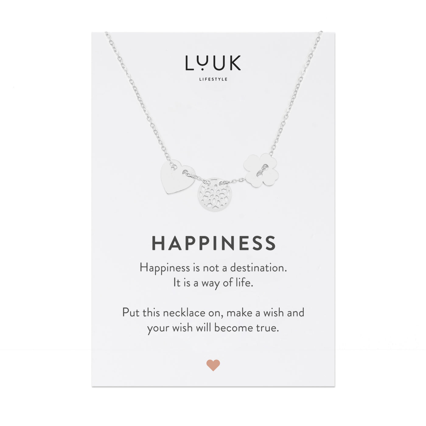 Necklace with lucky charm pendant and Happiness greeting card