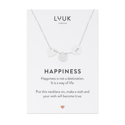 Necklace with lucky charm pendant and Happiness greeting card