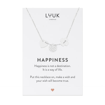 Silberne Halskette mit Glücksbringer Anhänger auf Happiness Spruchkarte von der Marke Luuk Lifestyle