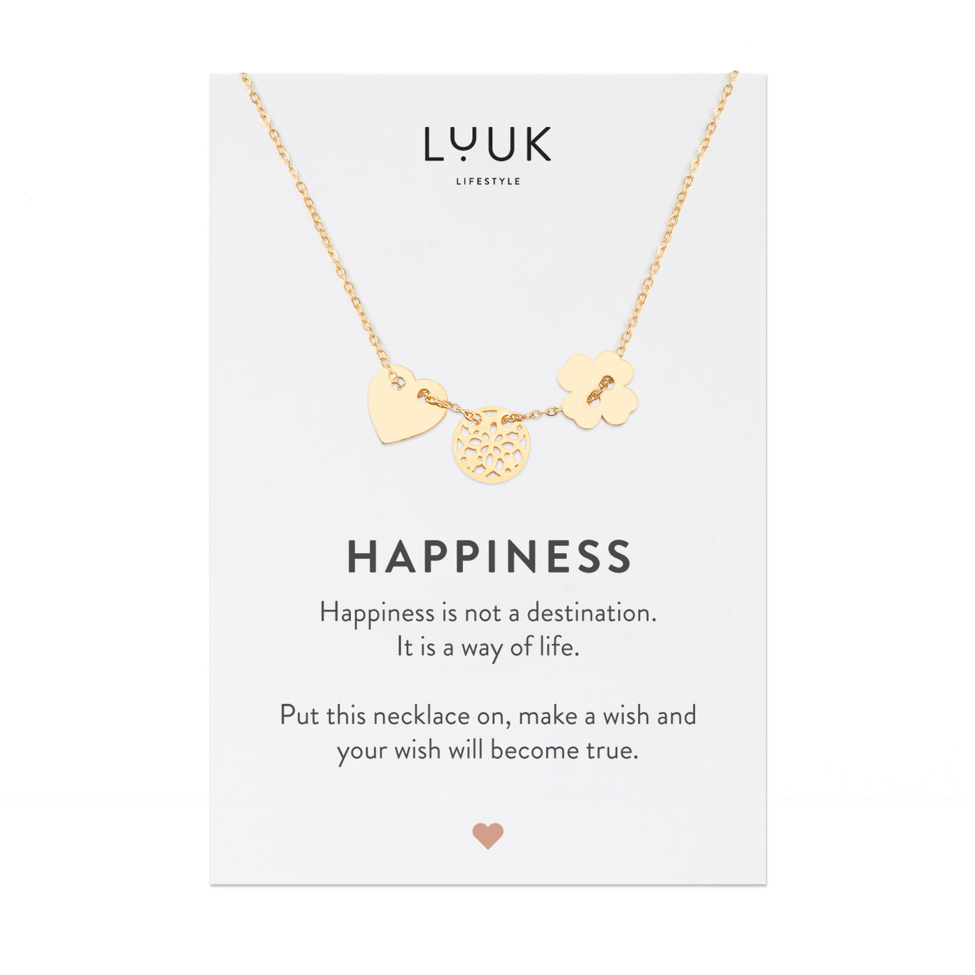 Goldene Halskette mit Glücksbringer Anhänger auf Happiness Spruchkarte von der Brand Luuk Lifestyle 