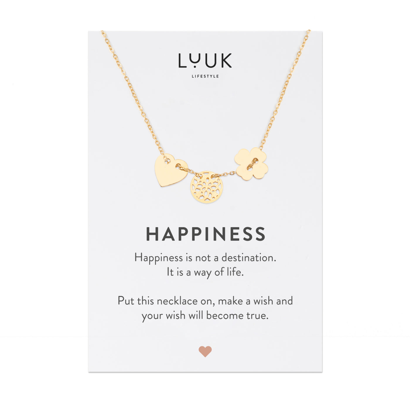 Necklace with lucky charm pendant and Happiness greeting card