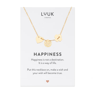 Goldene Halskette mit Glücksbringer Anhänger auf Happiness Spruchkarte von der Brand Luuk Lifestyle 