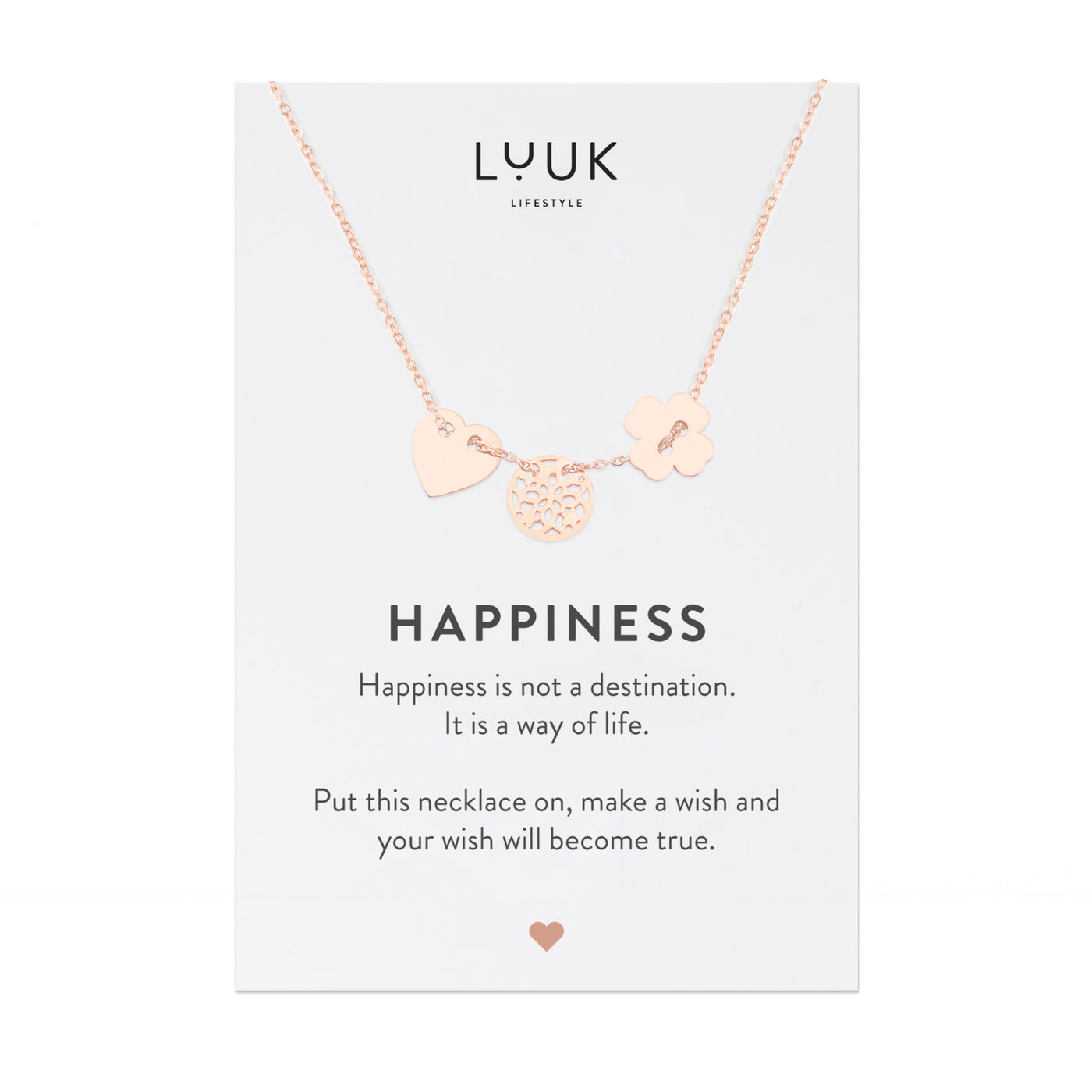 Rosegoldene Halskette mit Glückbringer Anhänger auf Happiness Spruchkarte von Luuk Lifestyle