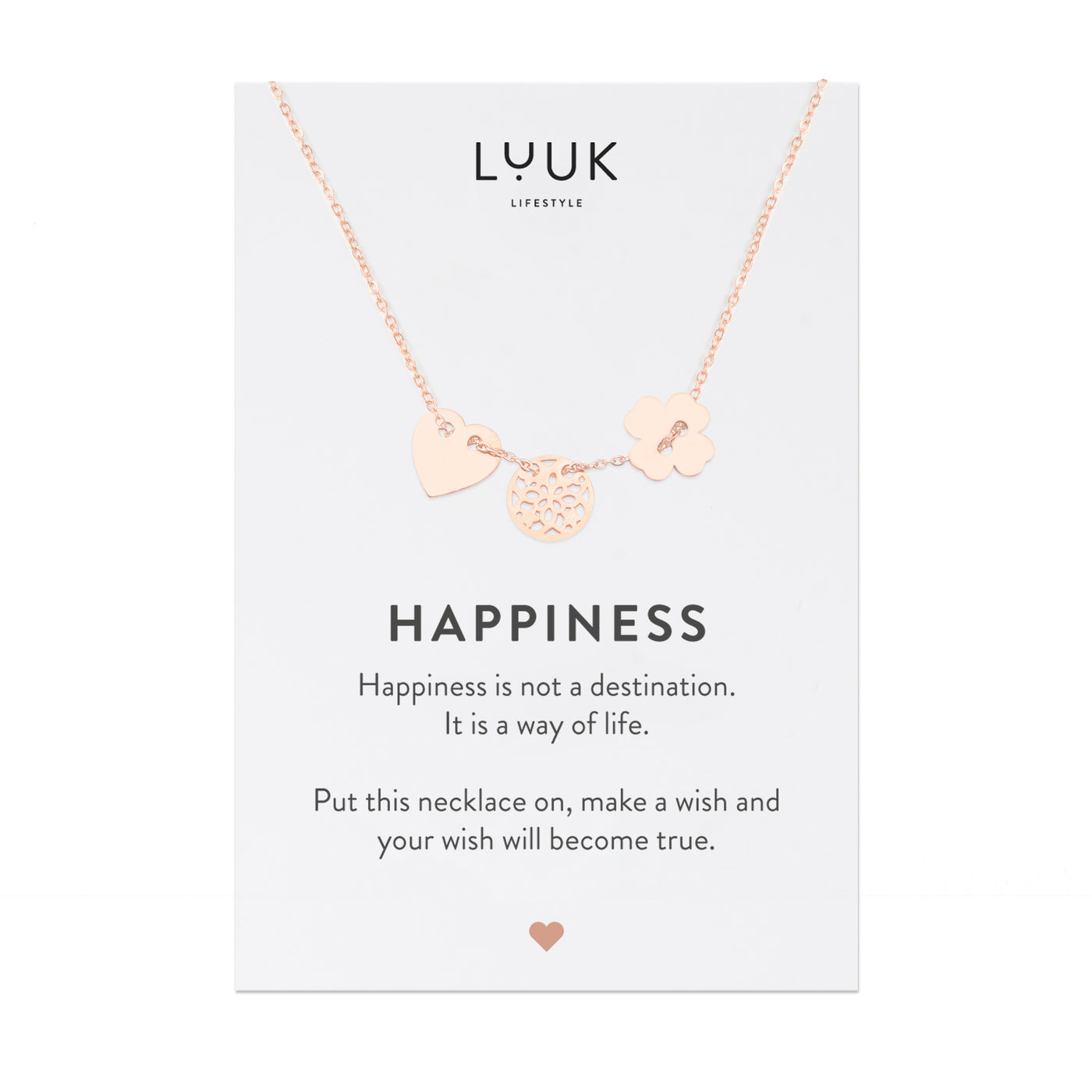 Necklace with lucky charm pendant and Happiness greeting card