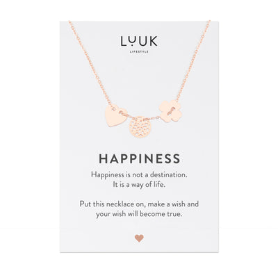 Rosegoldene Halskette mit Glückbringer Anhänger auf Happiness Spruchkarte von Luuk Lifestyle