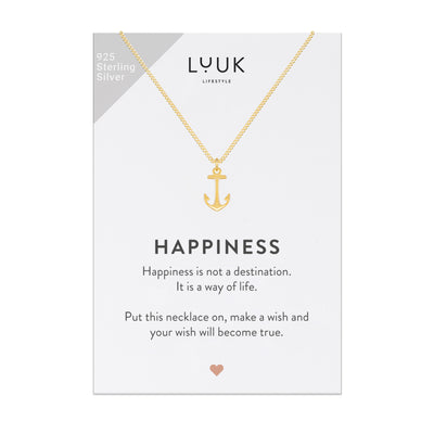 Vergoldete Halskette mit Anker Anhänger auf motivierender Happiness Spruchkarte von Luuk Lifestyle