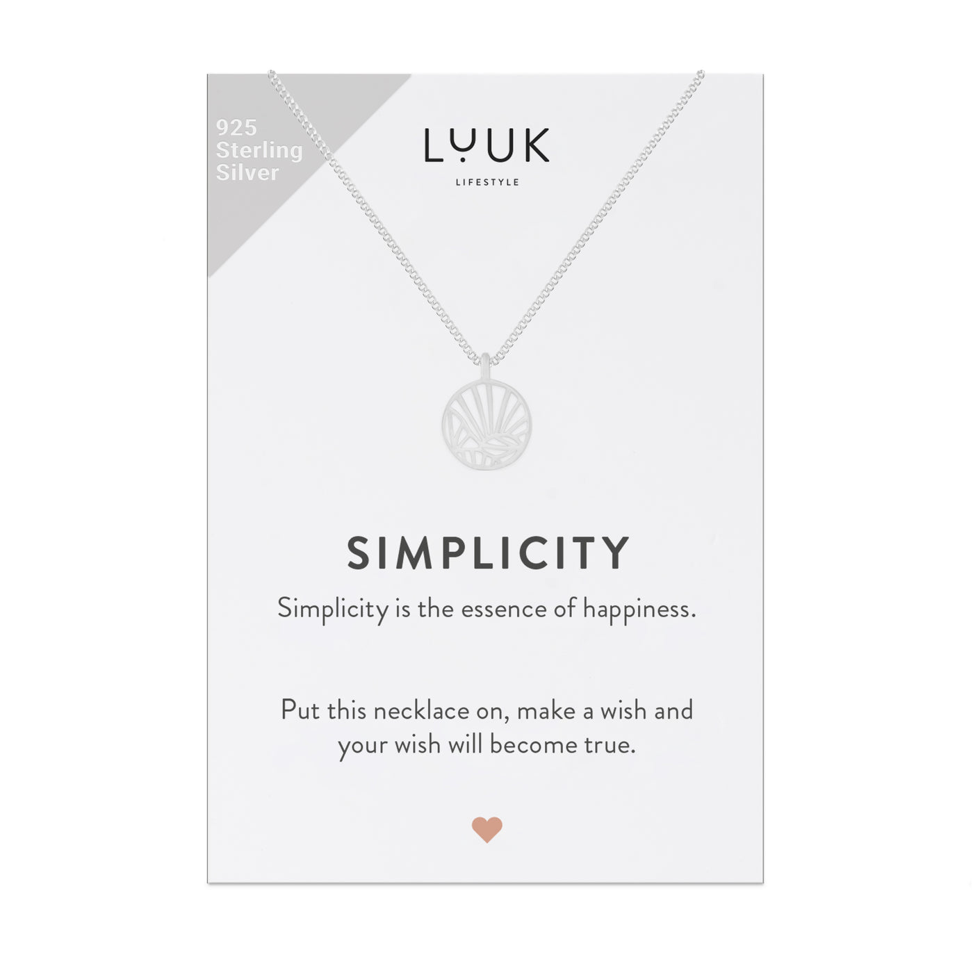 Halskette mit abstrakten Grid Anhänger in 925 Sterling Silber auf Simplicity Spruchkarte von der Marke Luuk Lifestyle