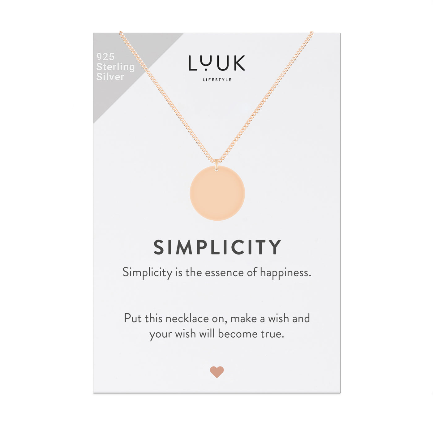 Kette mit Rundem Anhänger in Rosegold auf Simplicity Spruchkarte von der Brand Luuk Lifestyle 