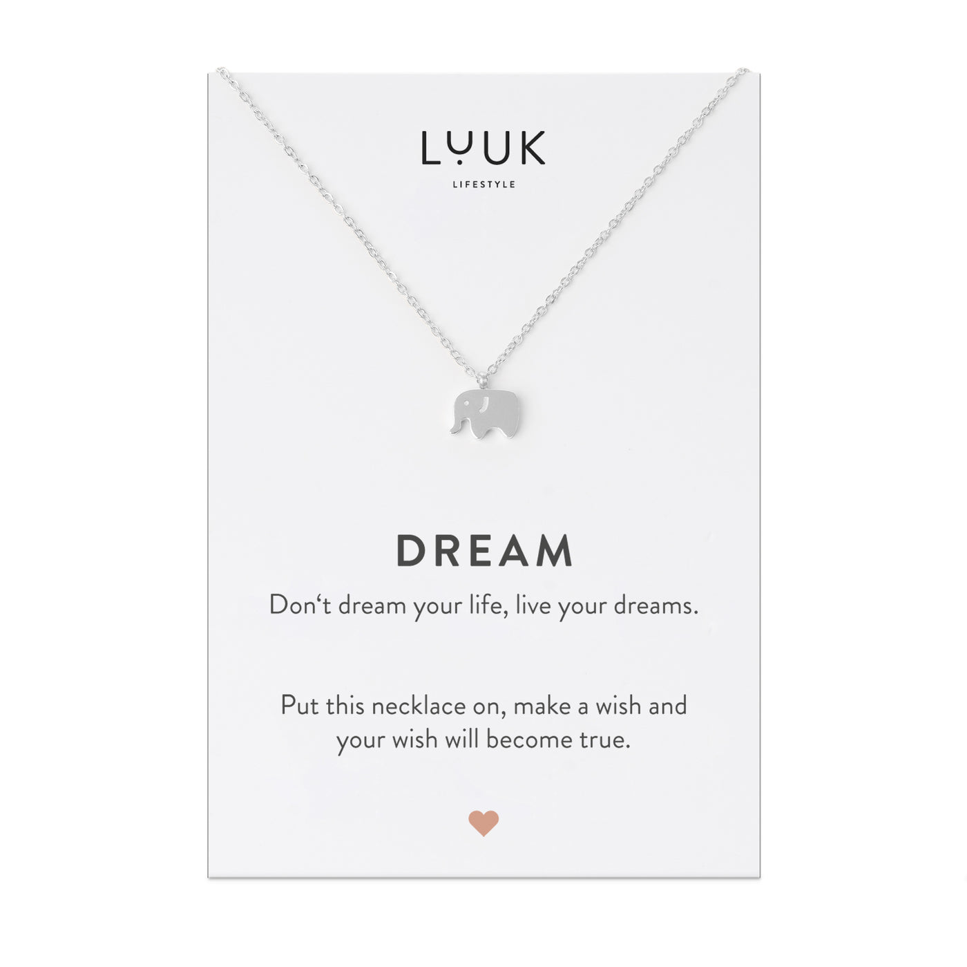 Necklace with elephant pendant and Dream greeting card
