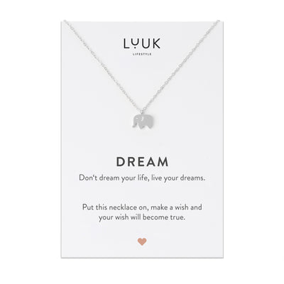 Silberne Halskette mit Elefant Anhänger auf Dream Spruchkarte von der Marke Luuk Lifestyle 