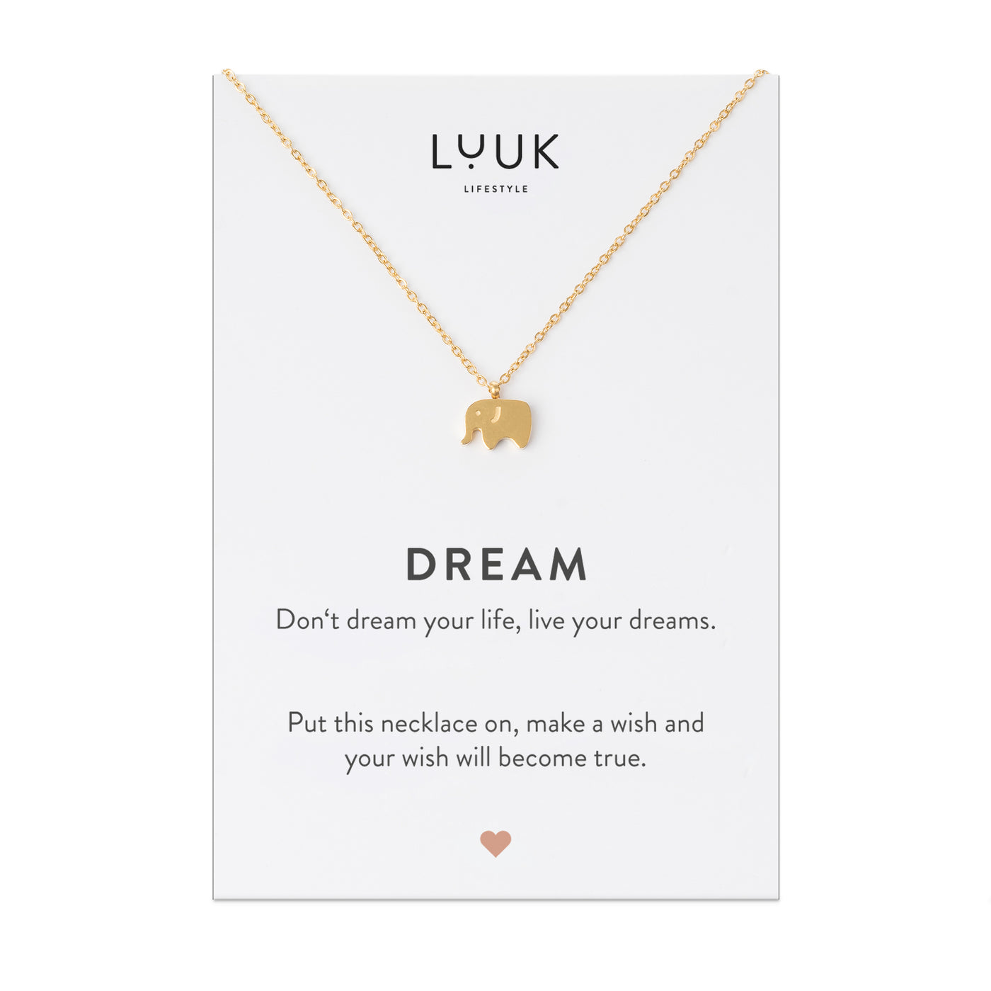 Goldene Halskette mit Elefant Anhänger auf Dream Spruchkarte von der Brand Luuk Lifestyle