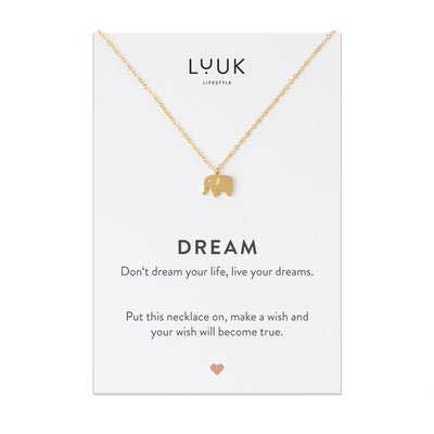 Goldene Halskette mit Elefant Anhänger auf Dream Spruchkarte von der Brand Luuk Lifestyle