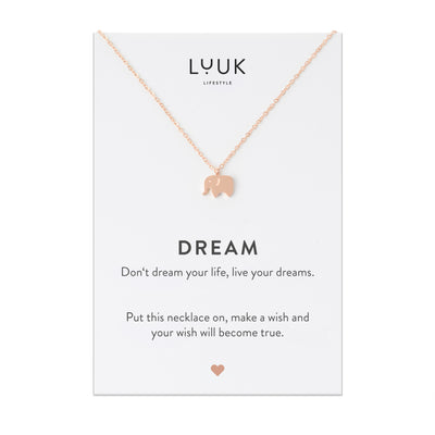 Rosegoldene Halskette mit Elefant Anhänger auf Dream Spruchkarte von der Marke Luuk Lifestyle
