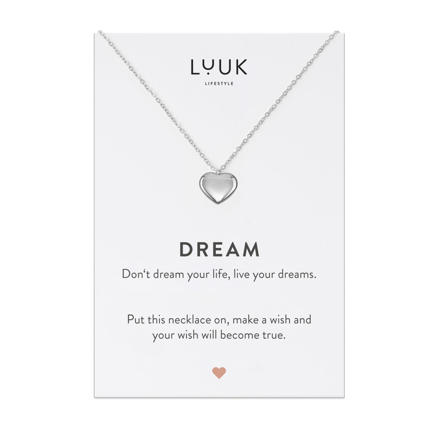 Halskette mit Herz Anhänger in Edelstahl auf Dream Spruchkarte von der Marke Luuk Lifestyle 