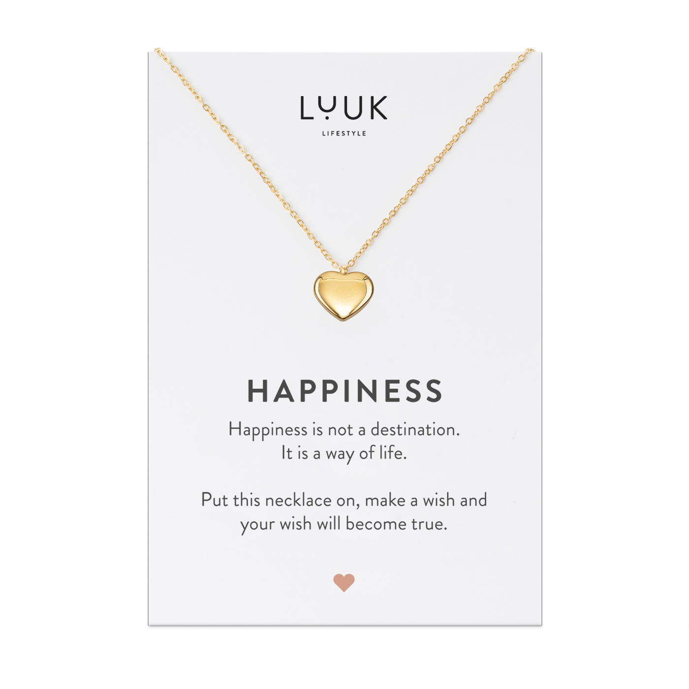 Gold Kette mit Herz Anhänger aus Edelstahl auf Happiness Spruchkarte von der Brand Luuk Lifestyle 