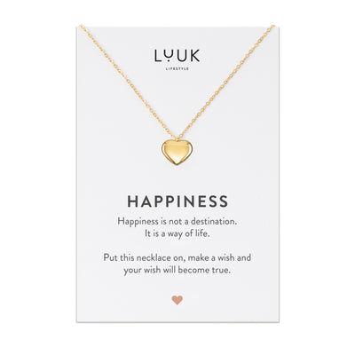 Gold Kette mit Herz Anhänger aus Edelstahl auf Happiness Spruchkarte von der Brand Luuk Lifestyle 