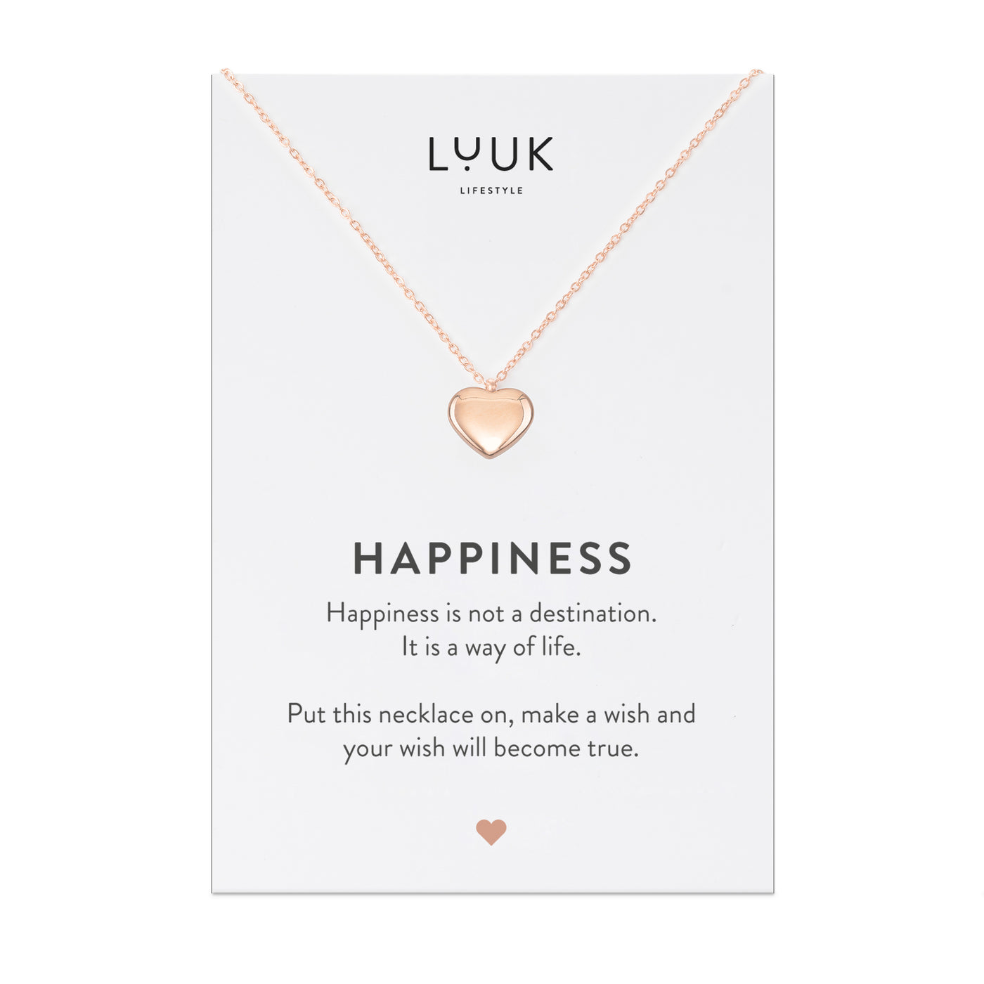 Halskette mit Herz Anhänger in Roségold auf Happiness Spruchkarte von Luuk Lifestyle 