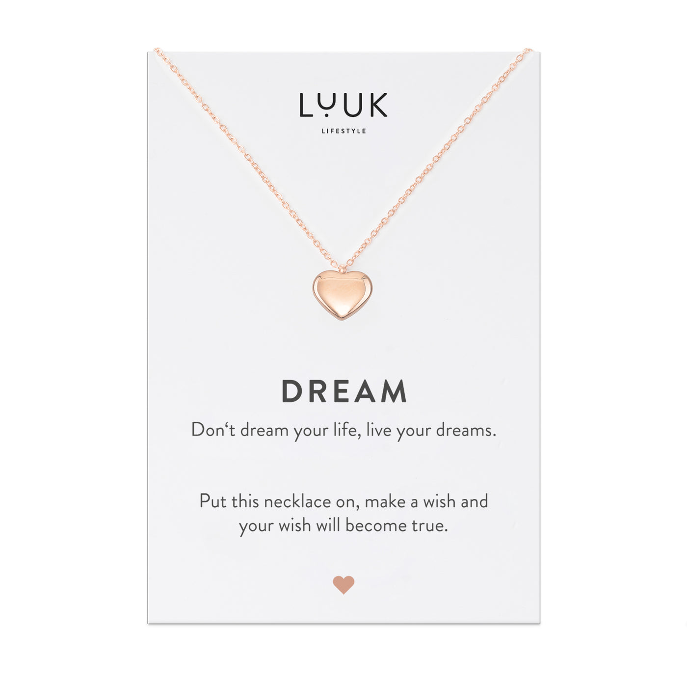 Halskette mit Herz Anhänger in Roségold auf Dream Spruchkarte von Luuk Lifestyle 