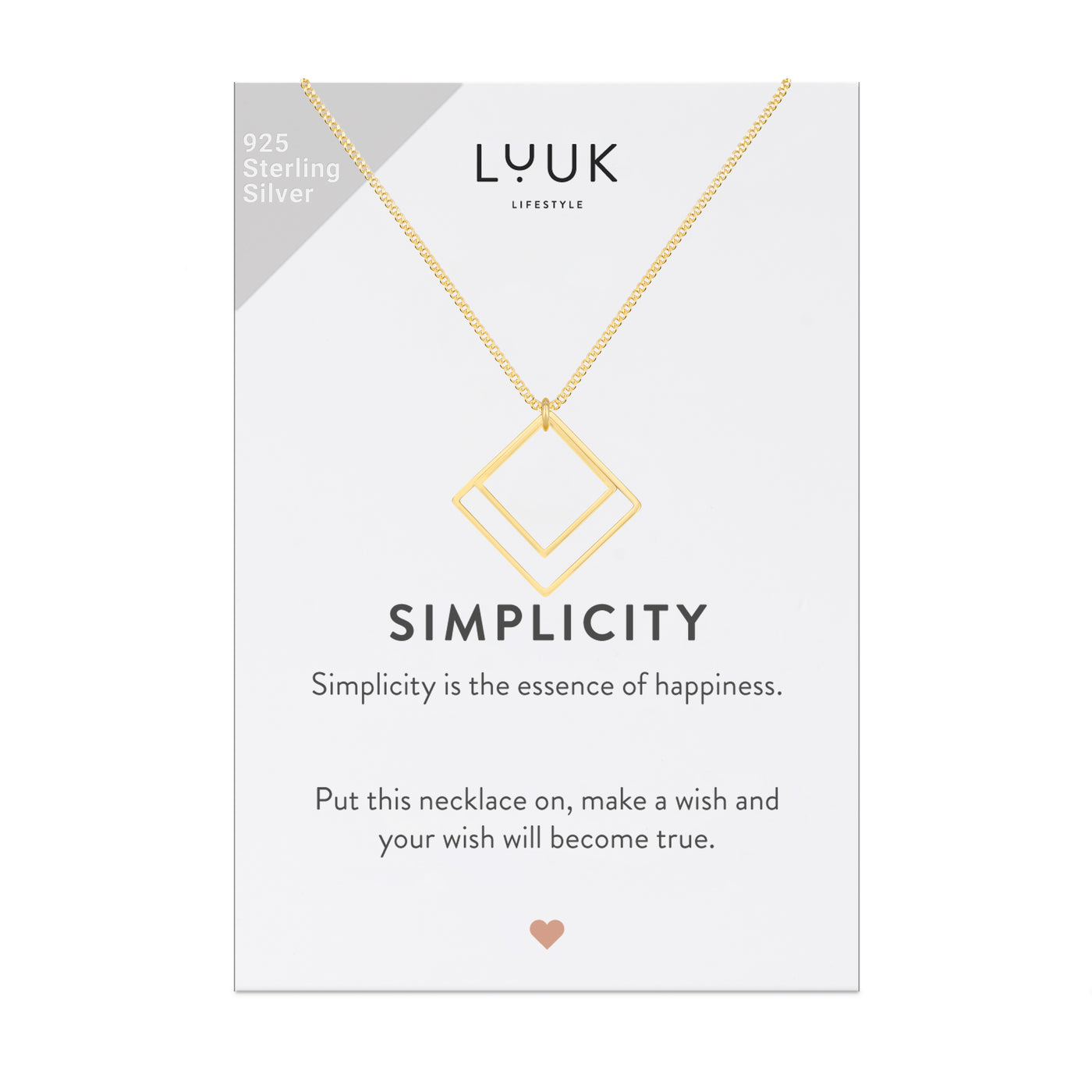 Gold Kette mit geometrischen Quadrat Anhängern auf Simplicity Spruchkarte von der Brand Luuk Lifestyle 