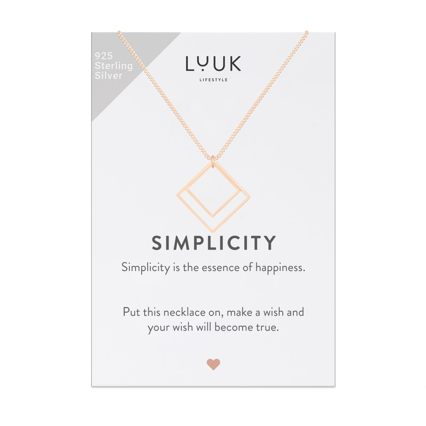 Halskette mit geometrischen Quadrat Anhängern in Rosegold auf Simplicity Spruchkarte von Luuk Lifestyle