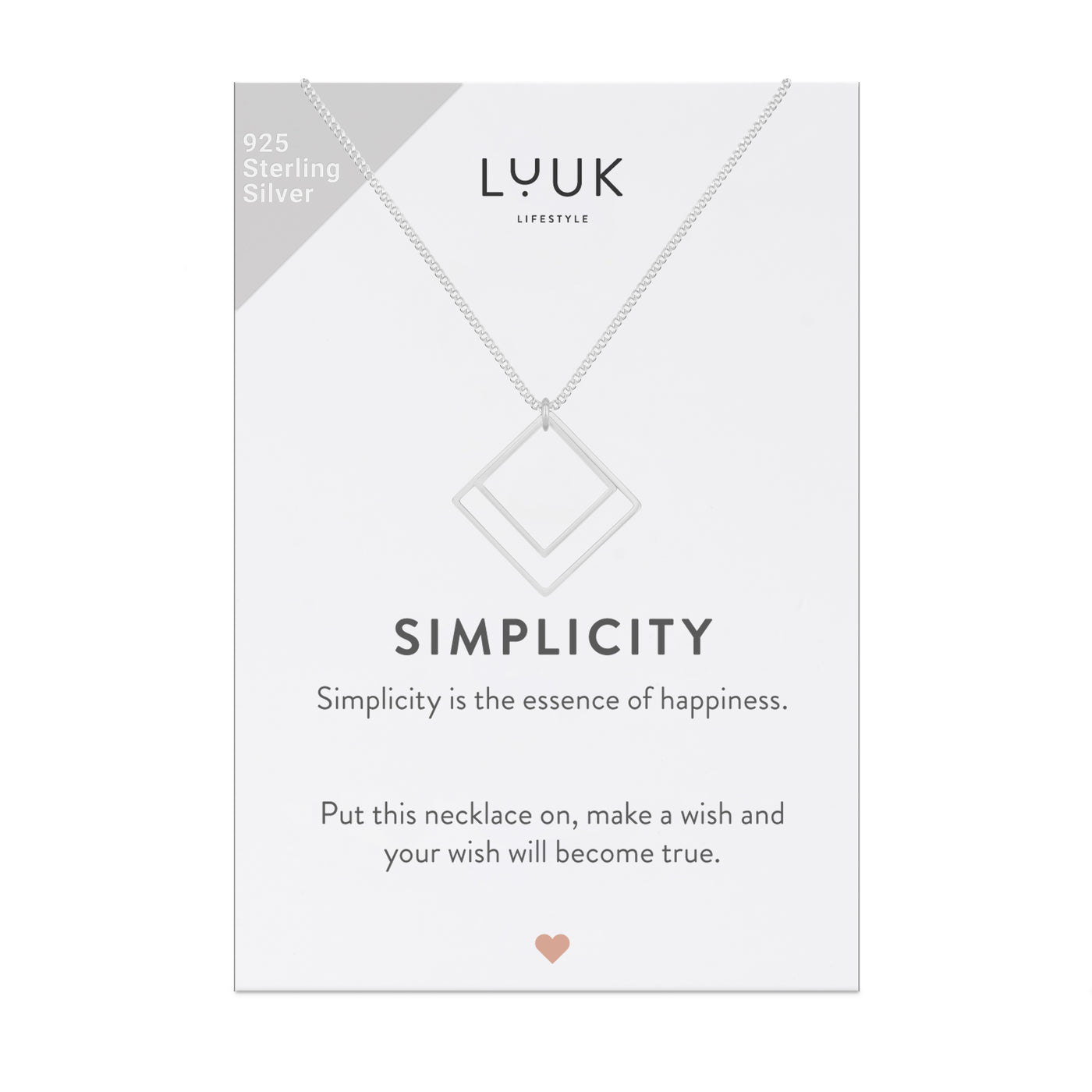 Halskette mit zwei geometrischen Quadrat Anhängern in 925 Sterling Silber auf Simplicity Spruchkarte von Luuk Lifestyle 