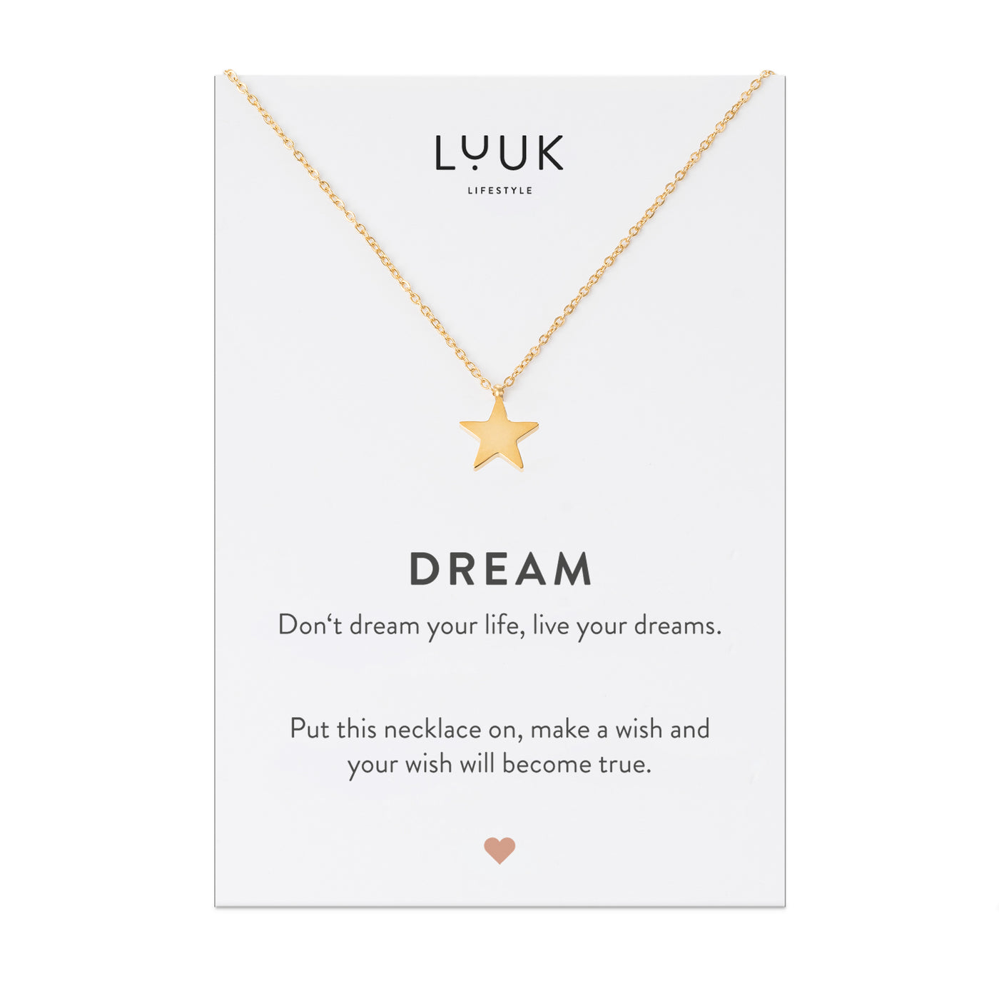 Goldene Halskette mit Stern Anhänger auf Dream Spruchkarte von der Brand Luuk Lifestyle 