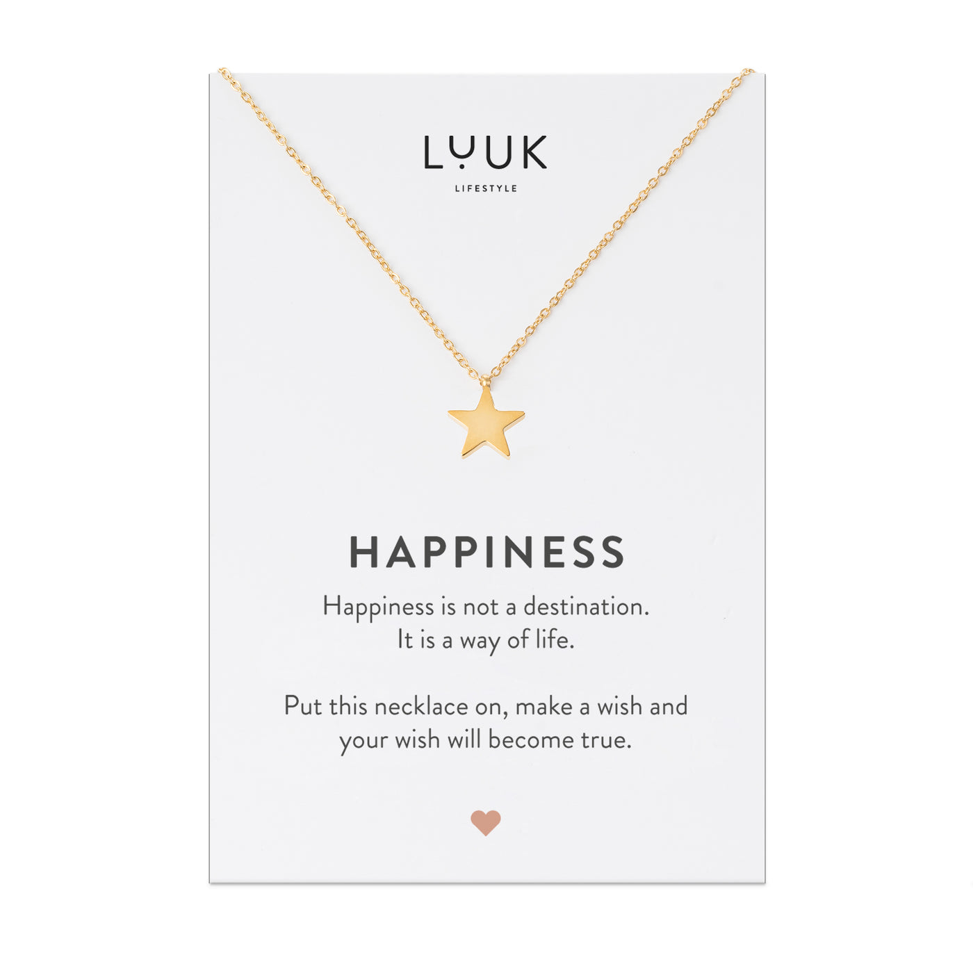 Goldene Halskette mit Stern Anhänger auf Happiness Spruchkarte von der Brand Luuk Lifestyle 