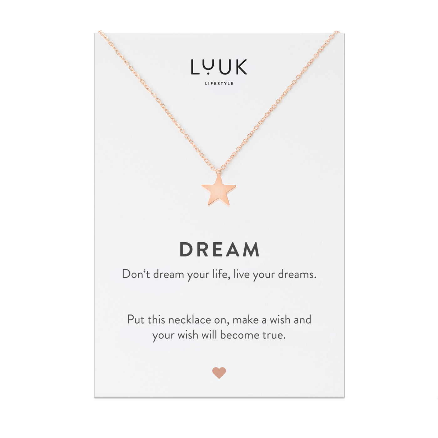Rosegoldene Halskette mit Stern Anhänger auf Dream Spruchkarte von Luuk Lifestyle 