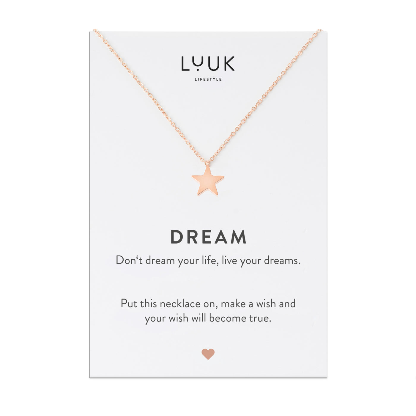 Rosegoldene Halskette mit Stern Anhänger auf Dream Spruchkarte von Luuk Lifestyle 