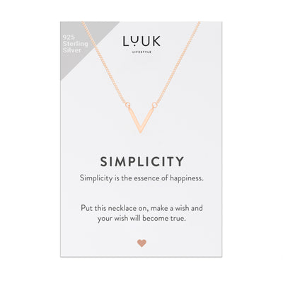 Sterling silver V necklace with Simplicity banner card
