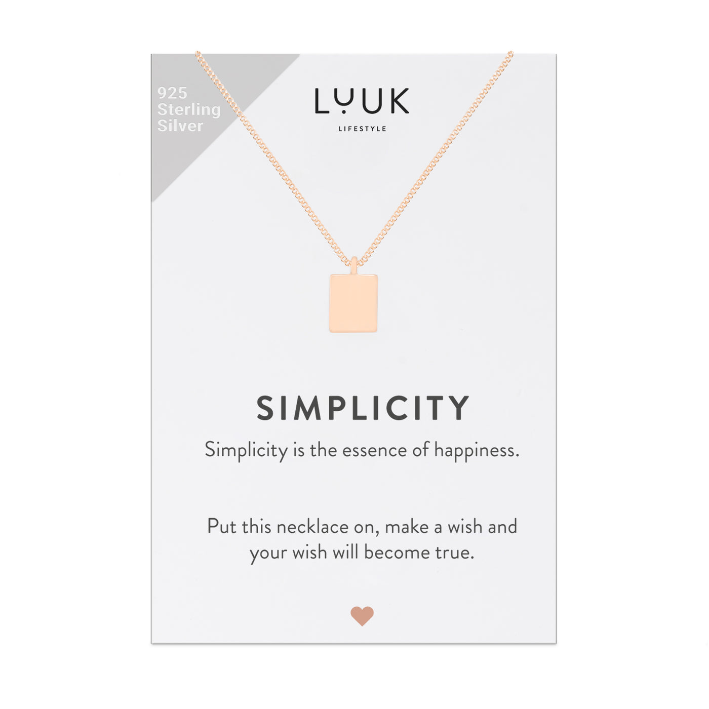 Rosegoldene Halskette mit Quadrat Anhänger auf Simplicity Karte von Luuk Lifestyle 