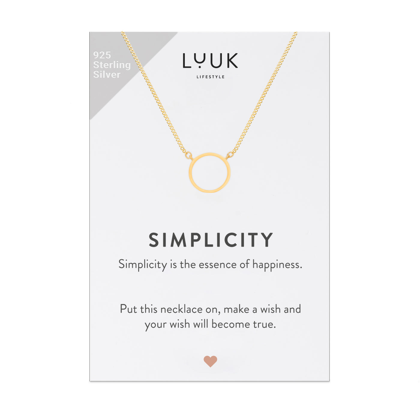 Simplicity Spruchkarte mit schlichter Goldenen Halskette und Ring Anhänger von der Marke Luuk Lifestyle