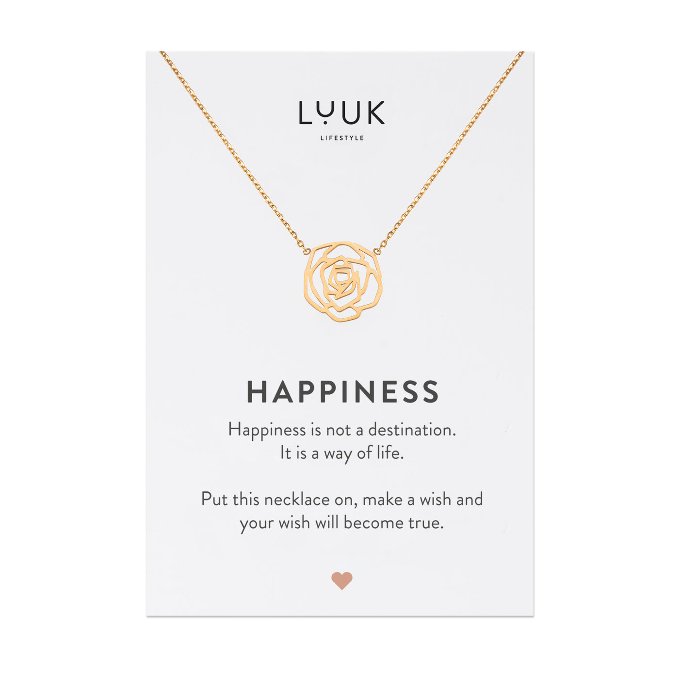 Gold Kette mit Rosenblüten Anhänger aus Edelstahl auf Happiness Spruchkarte von der Brand Luuk Lifestyle