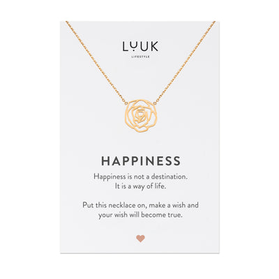 Gold Kette mit Rosenblüten Anhänger aus Edelstahl auf Happiness Spruchkarte von der Brand Luuk Lifestyle