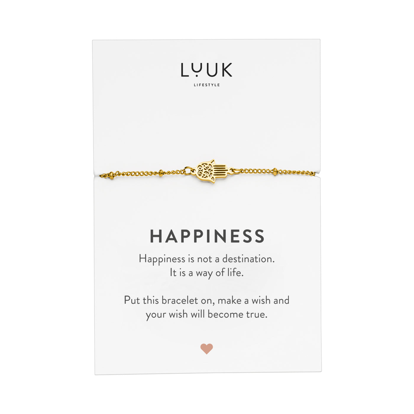 Gold Armband mit Hamsa Hand Anhänger aus Edelstahl auf Happiness Spruchkarte von der Marke Luuk Lifestyle