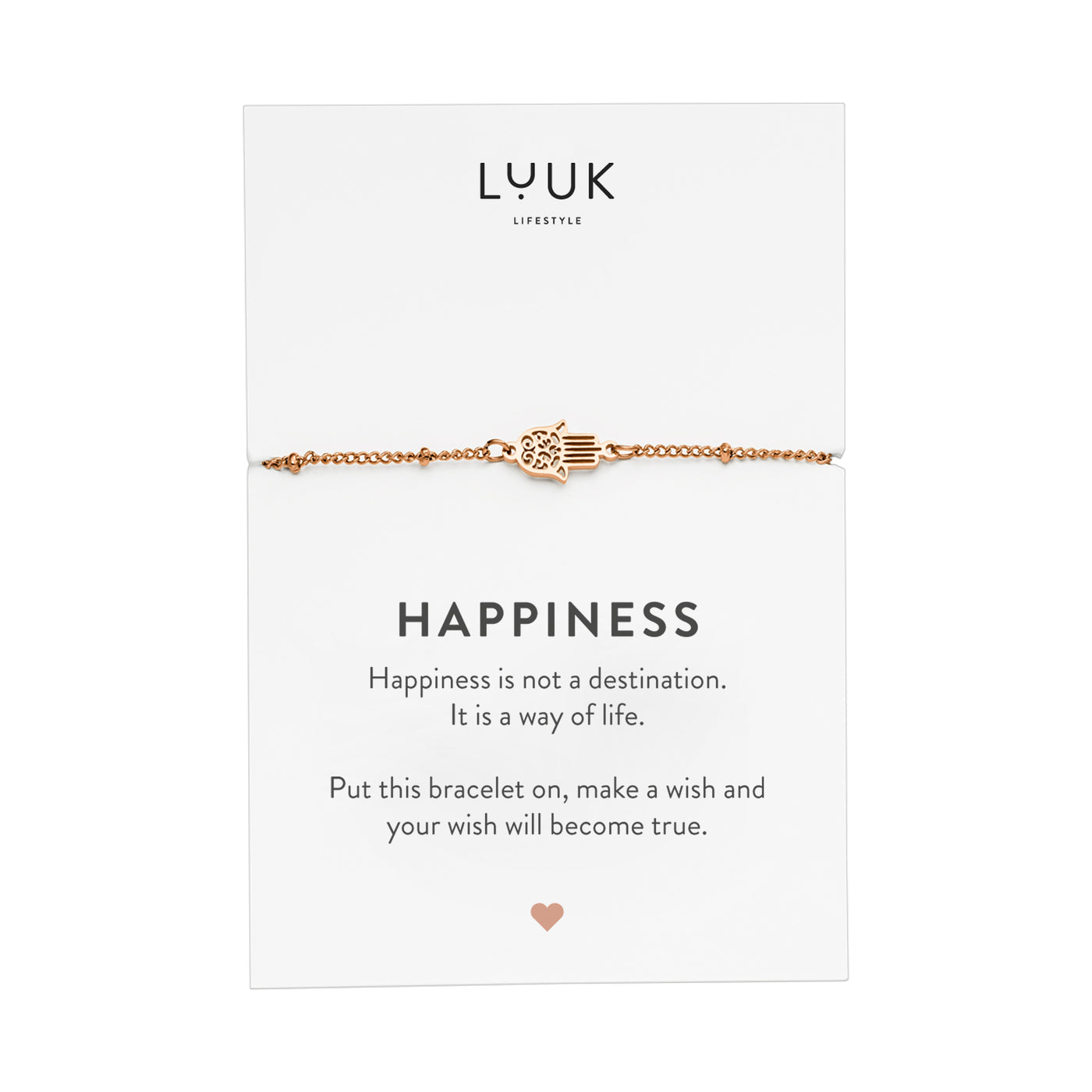 Armband mit Hamsa Hand Anhänger in Roségold auf Happiness Spruchkarte von Luuk Lifestyle