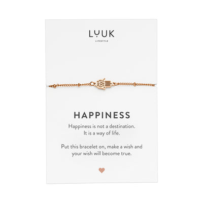 Armband mit Hamsa Hand Anhänger in Roségold auf Happiness Spruchkarte von Luuk Lifestyle