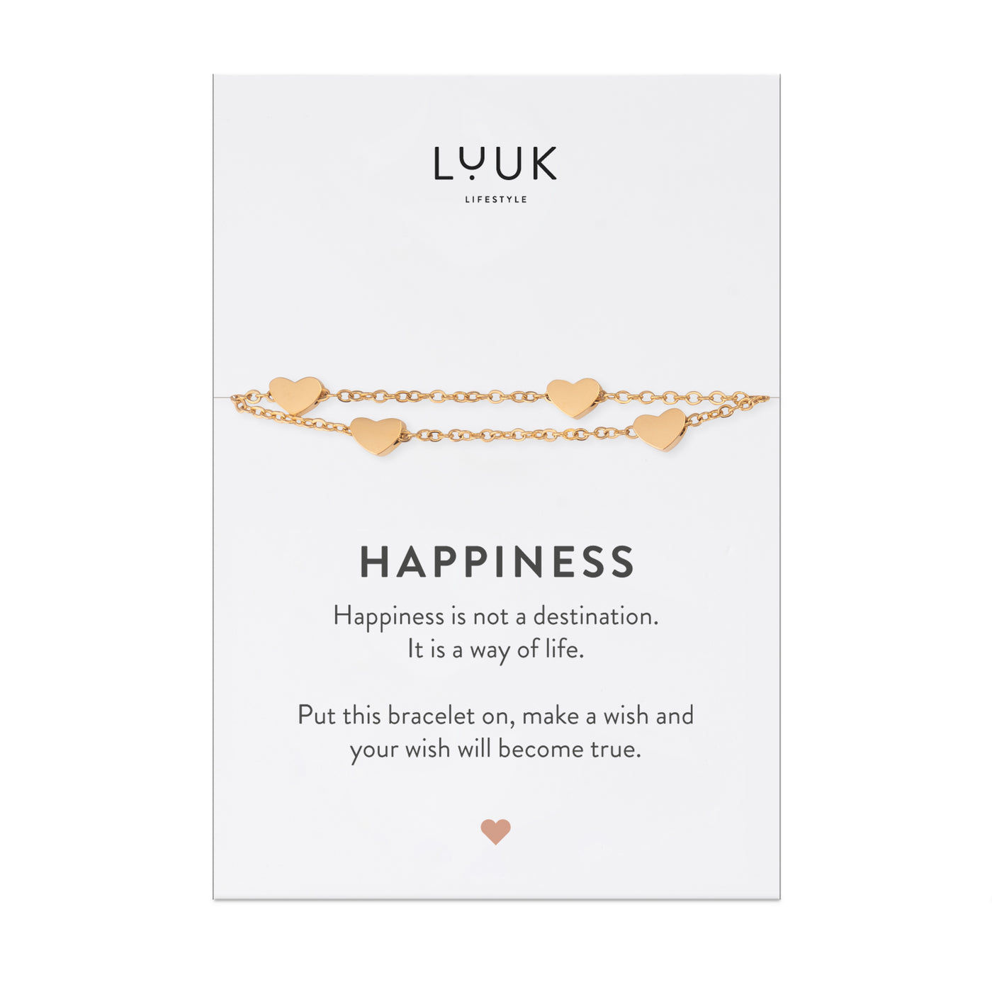 Gold Armband mit Herz Anhängern aus Edelstahl auf Happiness Spruchkarte von der Brand Luuk Lifestyle 