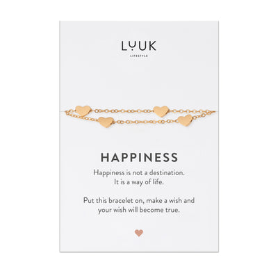 Gold Armband mit Herz Anhängern aus Edelstahl auf Happiness Spruchkarte von der Brand Luuk Lifestyle 