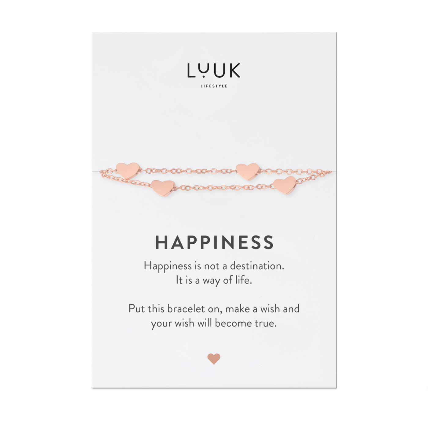 Armband mit Herz Anhängern in Roségold auf Happiness Spruchkarte von Luuk Lifestyle 