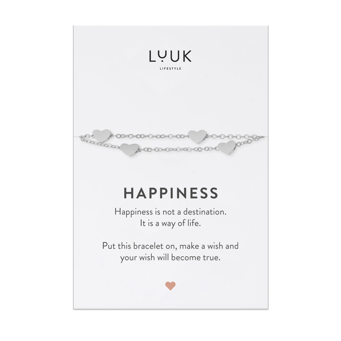 Armband mit vier Herz Anhängern in Edelstahl auf Happiness Spruchkarte von der Marke Luuk Lifestyle 