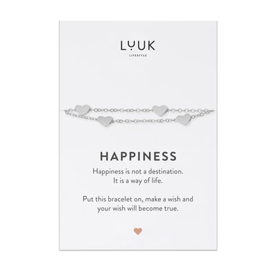 Armband mit vier Herz Anhängern in Edelstahl auf Happiness Spruchkarte von der Marke Luuk Lifestyle 