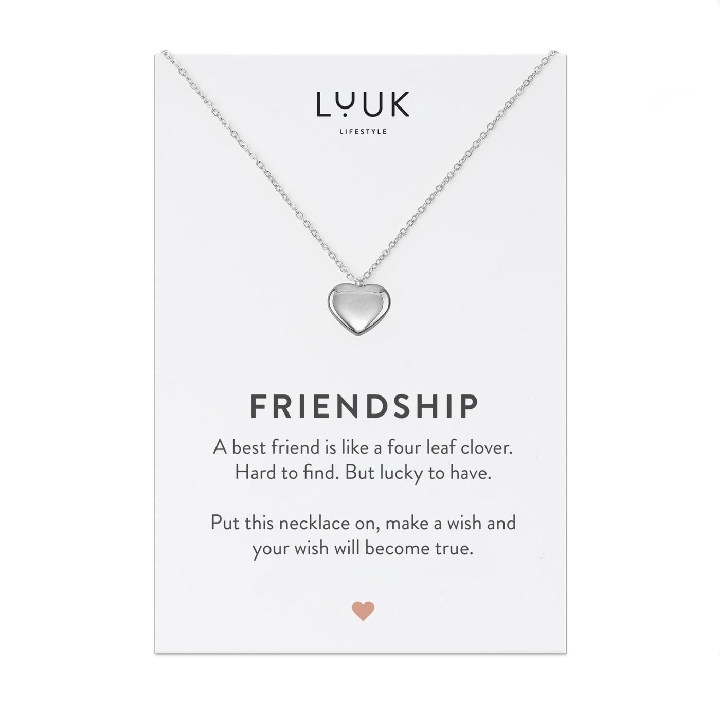 Halskette mit Herz Anhänger aus Edelstahl auf Friendship Spruchkarte von der Marke Luuk Lifestyle 