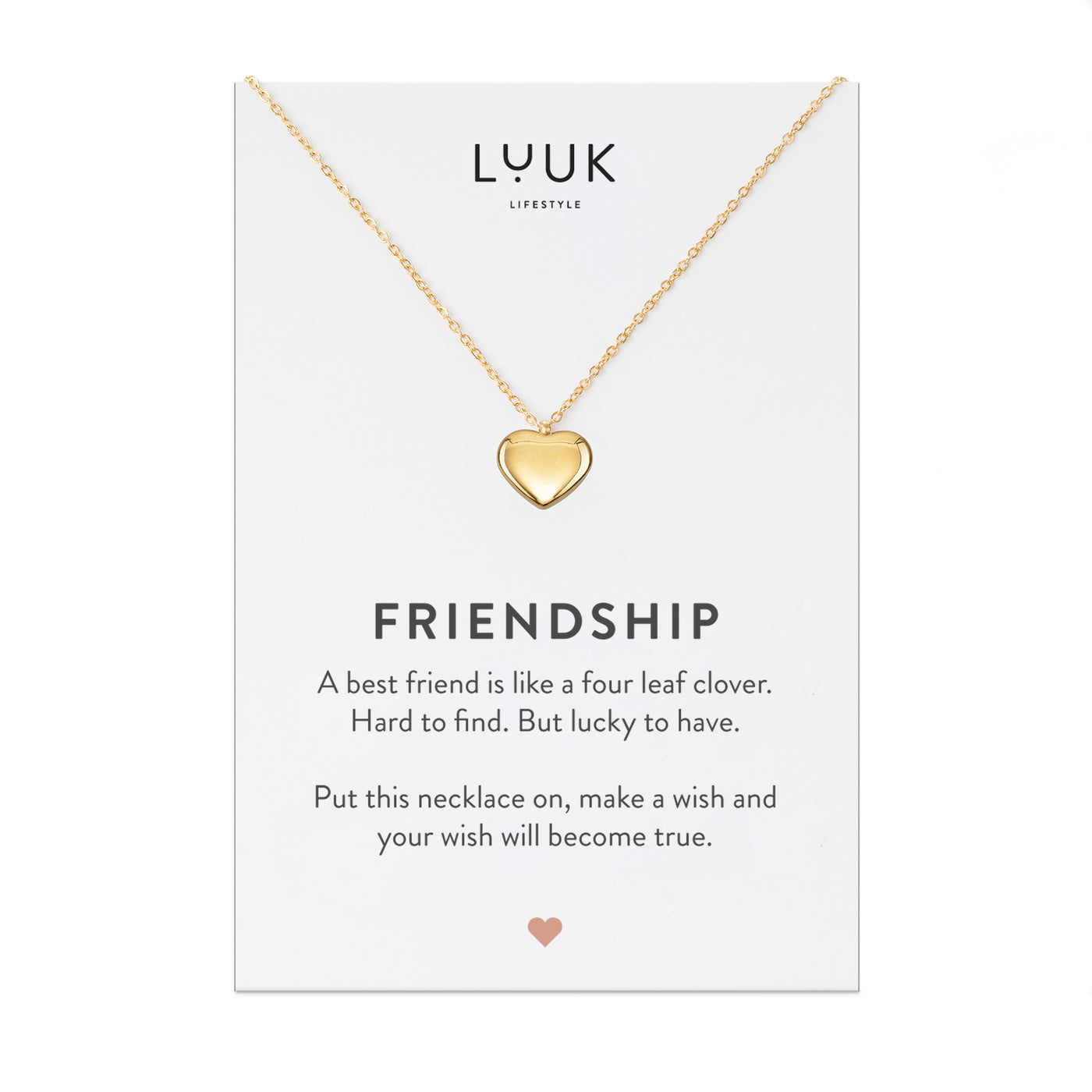 Gold Kette mit Herz Anhänger aus Edelstahl auf Friendship Spruchkarte von der Brand Luuk Lifestyle 