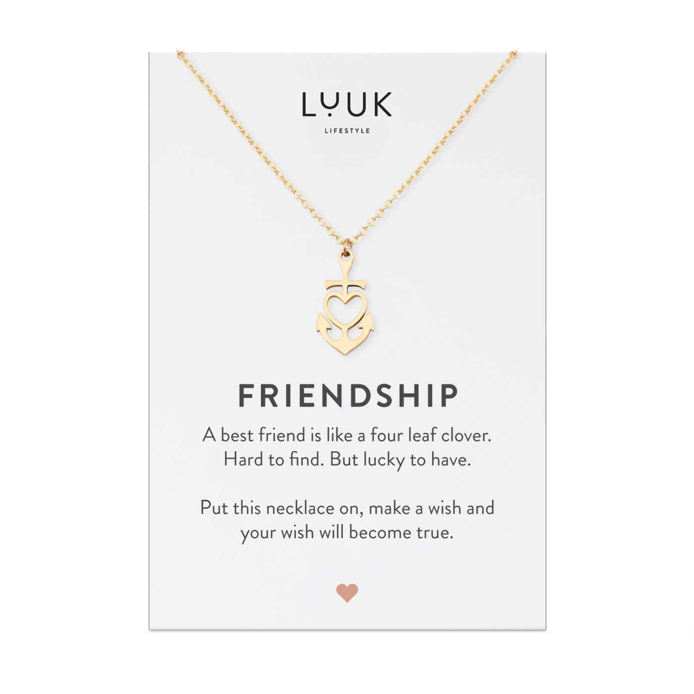 Vergoldete Herz-Anker Anhänger Halskette auf Friendship Spruchkarte von der Brand Luuk Lifestyle