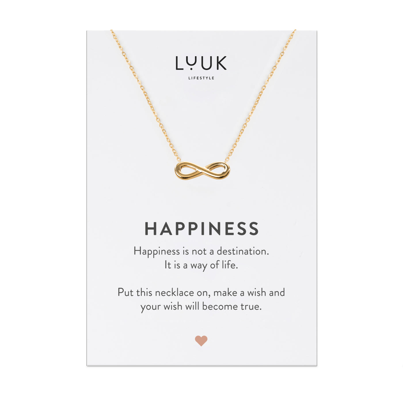 Goldene Kette mit Infinity Anhänger aus Edelstahl auf Happiness Spruchkarte von Luuk Lifestyle