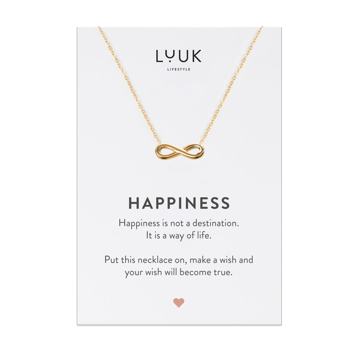 Necklace with Infinity pendant and Happiness greeting card